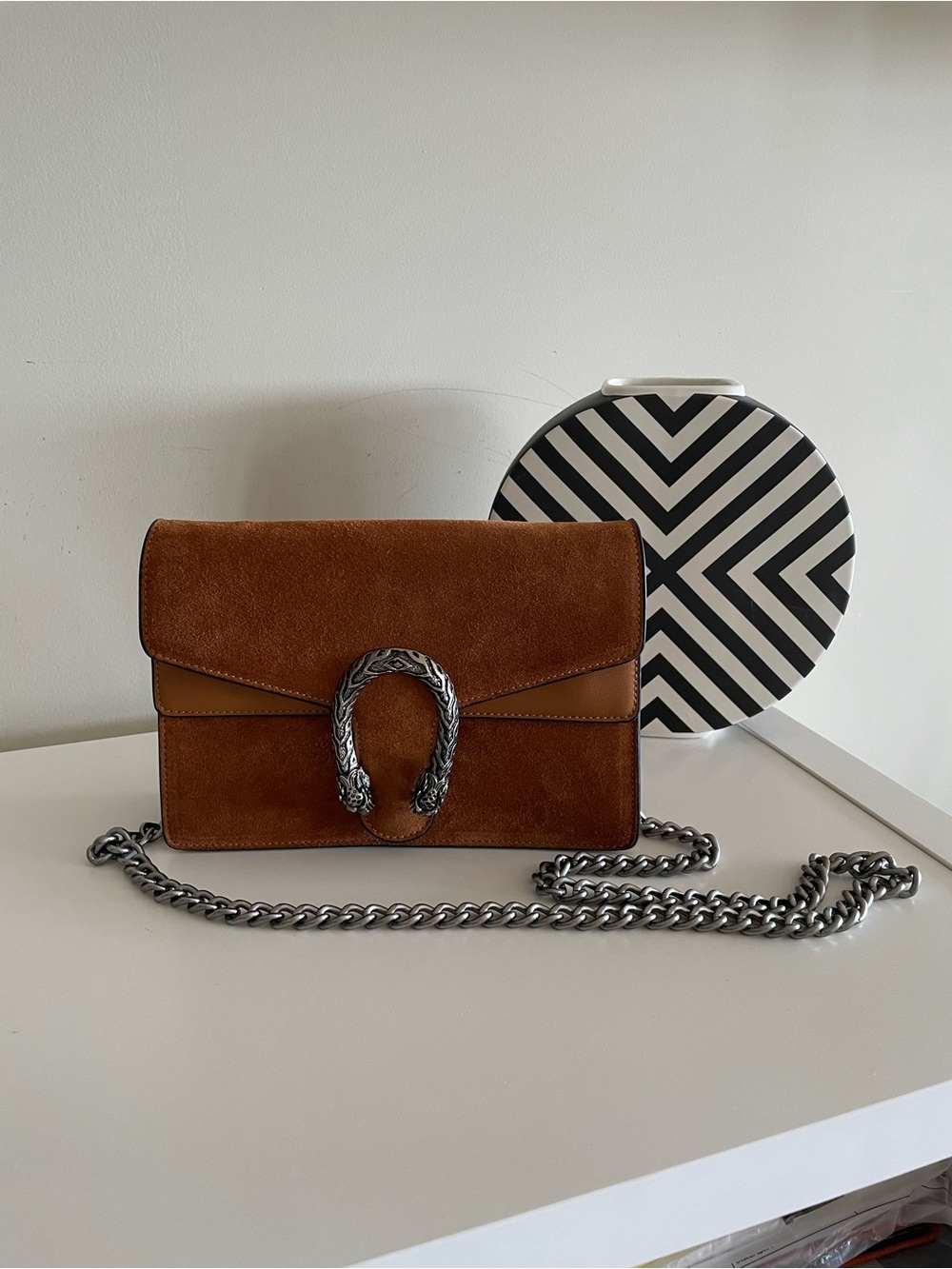 Brown Suede Crossbody Bag with Silver Chain